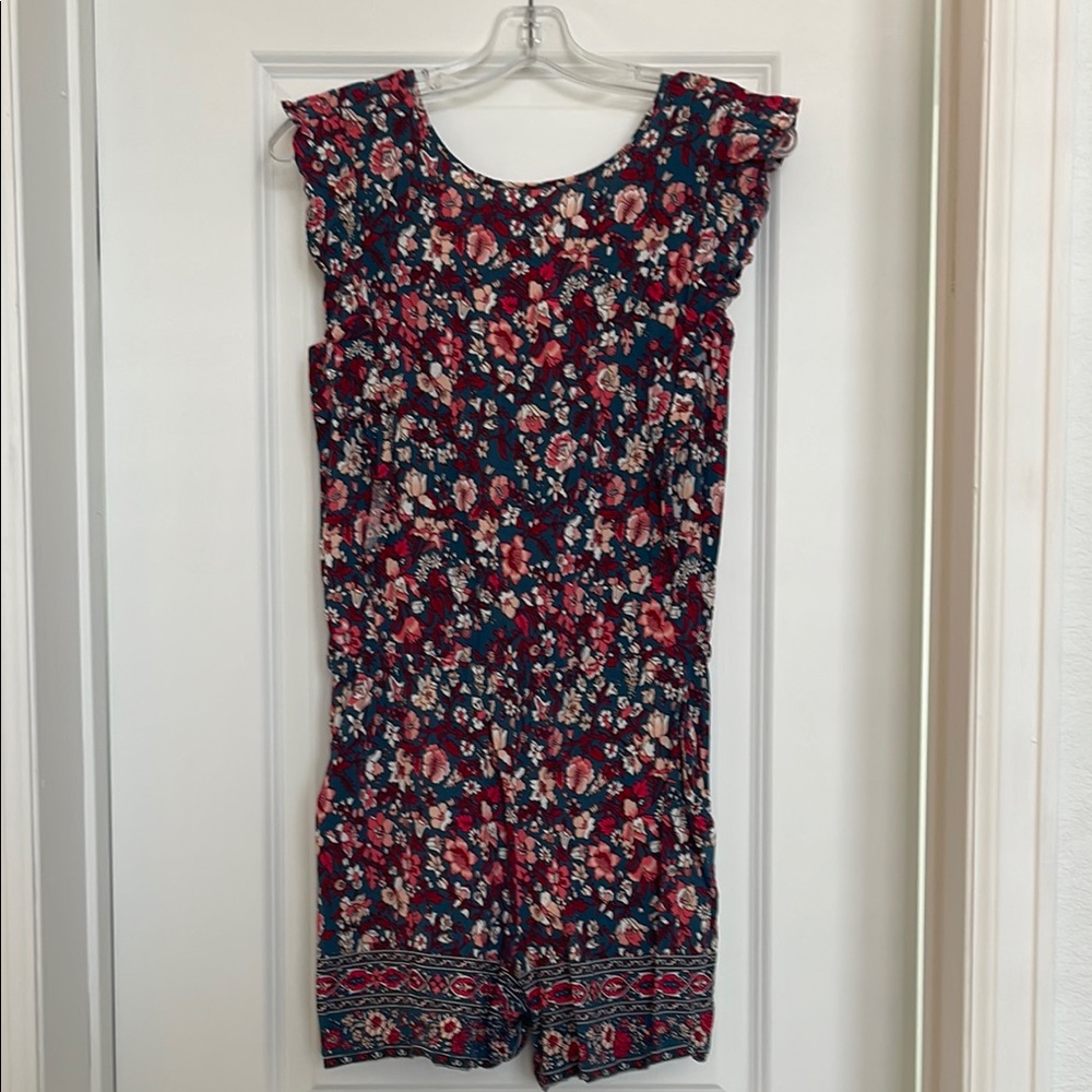 LOFT Red and Blue Floral Jumpsuit with Relaxed Fit